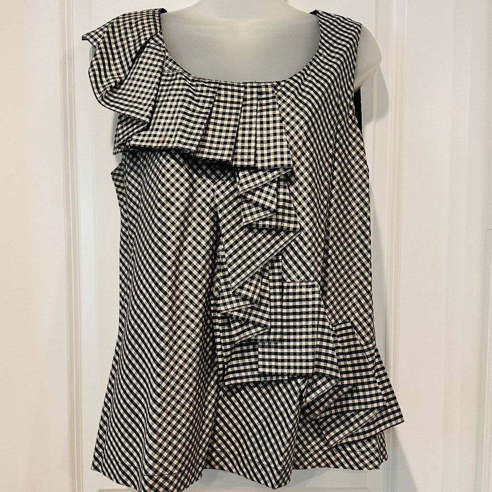 PURE DKNY Black & White Check Sleeveless Silk Top w/Front Ruffle, Size M